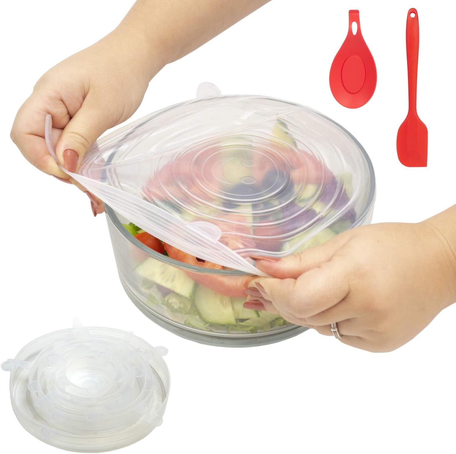 6 Pack Silicone Stretch Lids - Fits Various Sizes and Container Shapes - Expandable, Reusable, Durable, Non-Stick Storage Covers for Keeping Food Fresh - Silicone Spatula and Spoon Rest Included