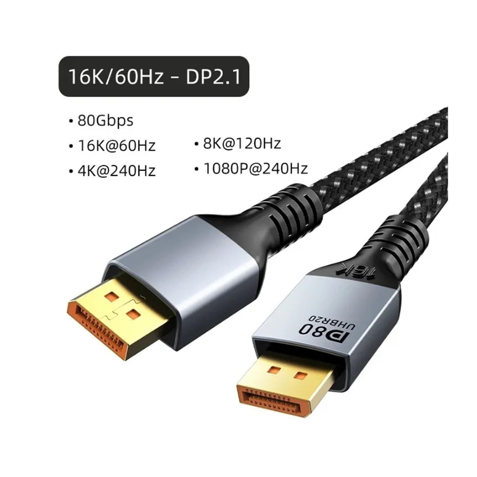 Cable DisplayPort 2.1 (16K@60Hz/8K@120Hz/4K@240Hz, 80Gbps) - Compatible Con HDTV/Proyector/PC, For Pantalla Ultra-HD(8K DP 1.4,2m)