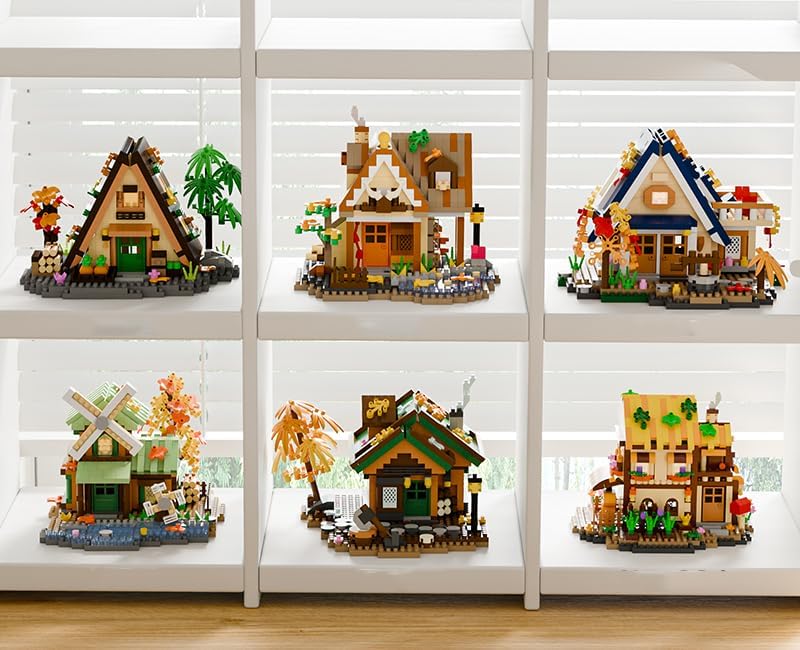 Mini Wood Cabin Micro Building Set with LED Light Wooden Forest House Block Toy with Tree Log Stem Houses Construction Model Birthday Gift (Windmill)
