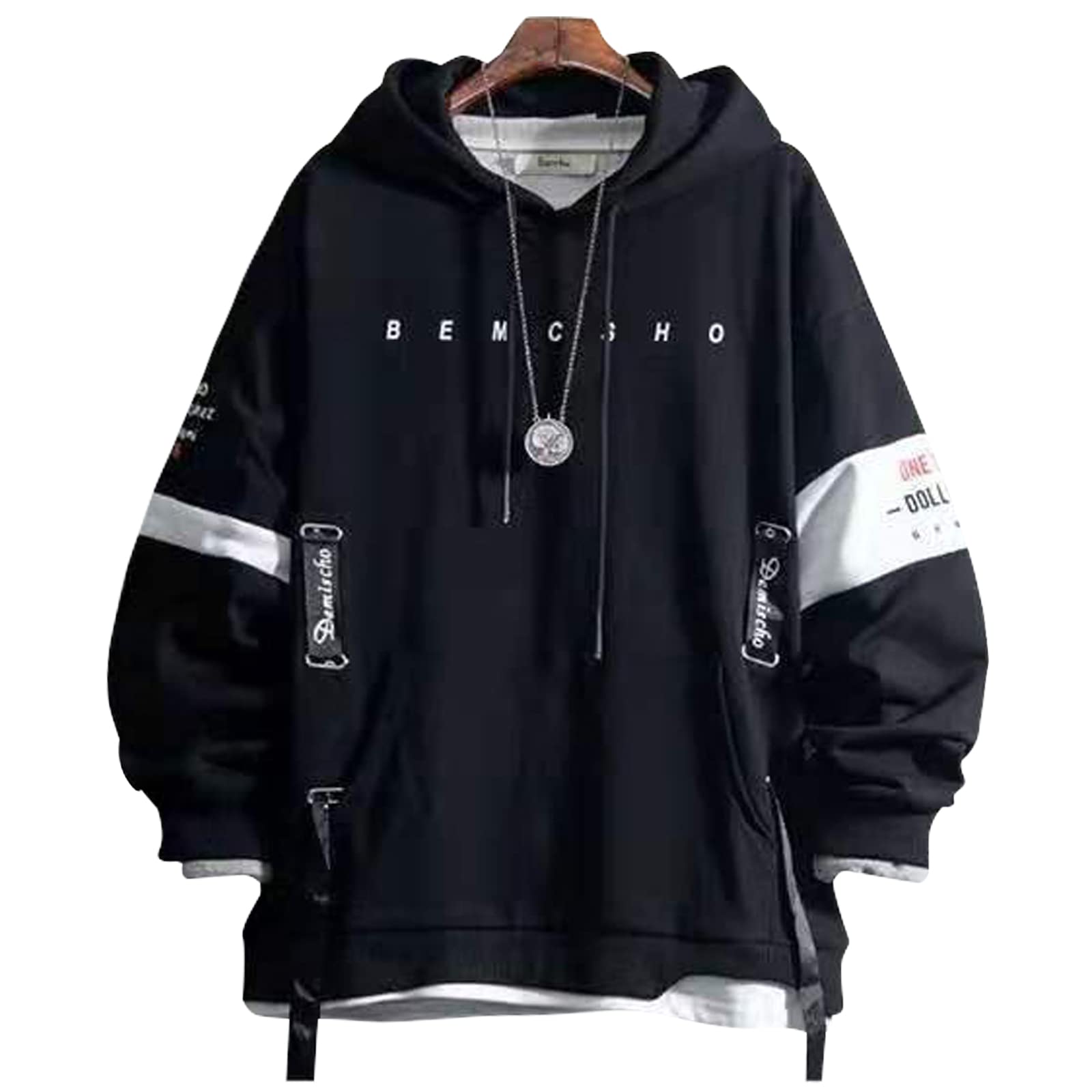 Men's Pullover Sweatshirt, Ribbon Decoration Long Sleeve Drawstring Casual Hoodies (BLACK)