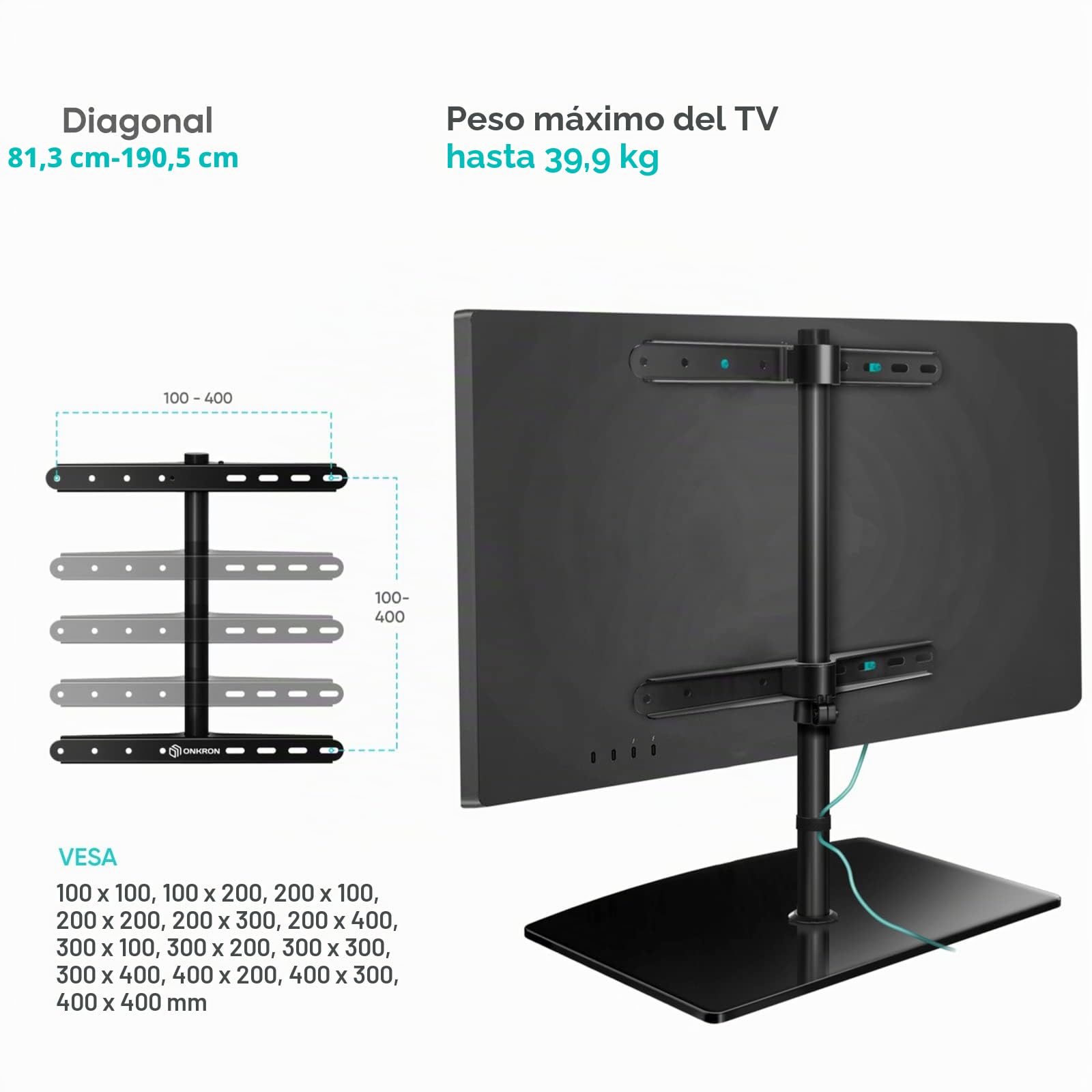 ONKRON Soporte TV 32-75 Pulgadas, hasta 40 kg, VESA 100x100-400x400, Soporte Television Giratorio, Base de Vidrio Templado, Sujeción para Colgar la Pantalla, Pie Television Universal, Negro PT3-B