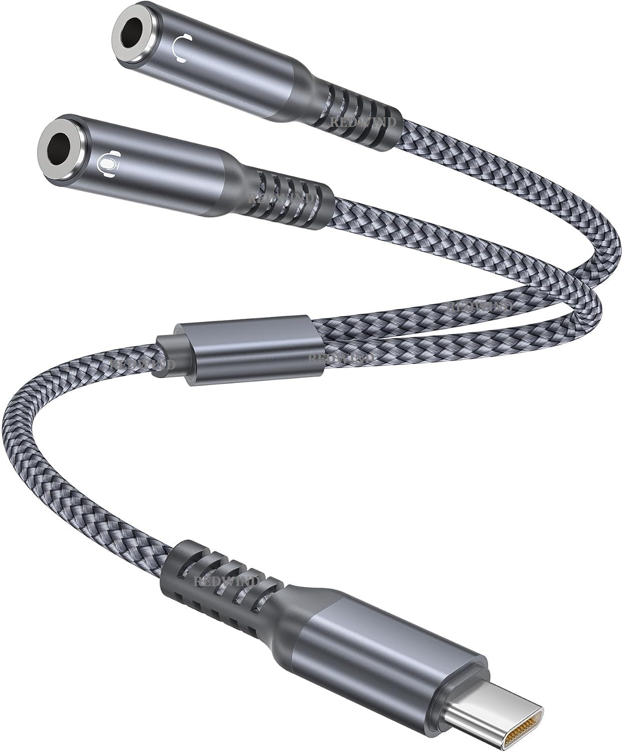 redwind type-c to dual 3.5mm aux port adapter share audio with 2 headphones nylon braided metal splitter for iphone 17/16/15 series galaxy s26-s20 series one plus pixel iq00 & other model