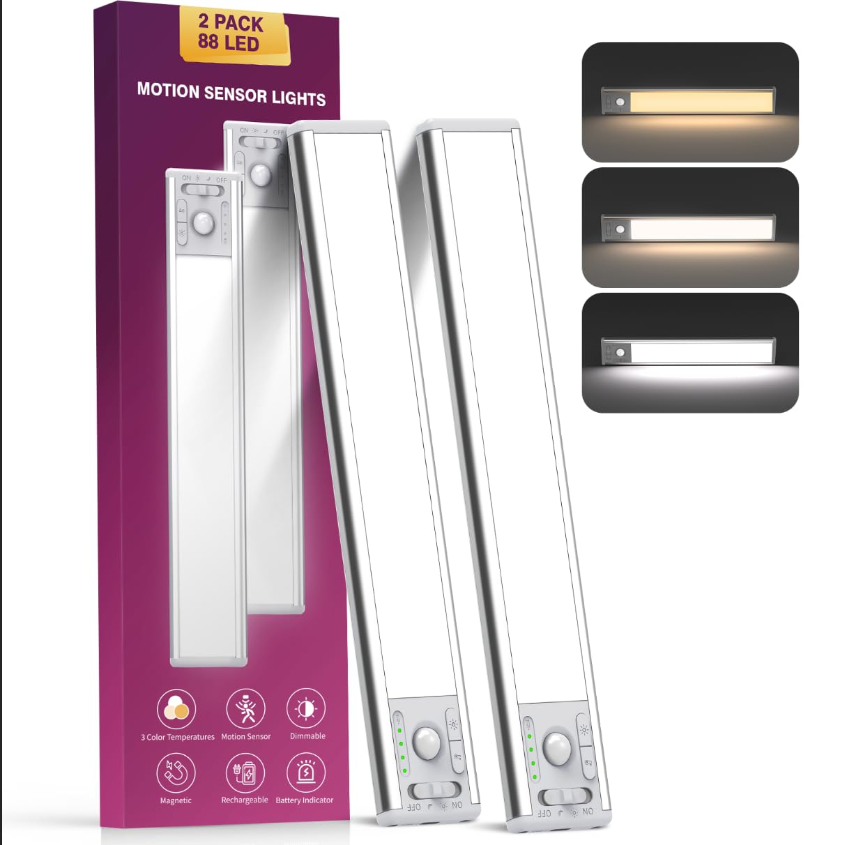 10.5inch Under Cabinet Lighting with 3 Color Temps, 2 Pack Rechargeable Motion Sensor Lights Indoor, Dimmable Under Counter Lights for Kitchen, Closet