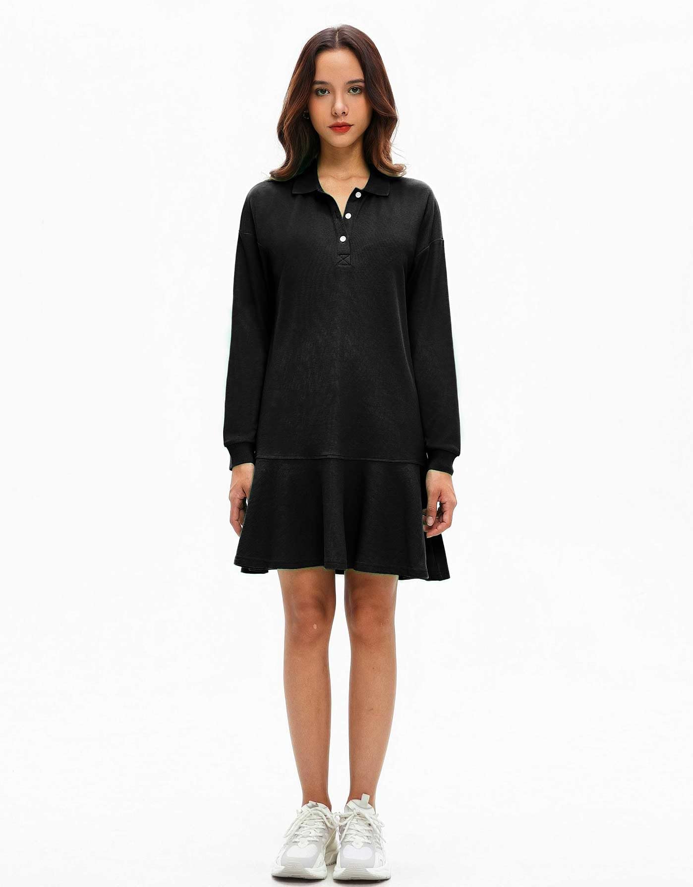 YEXPINE Mini robe polo à manches longues et col en V avec ourlet à volants pour femme