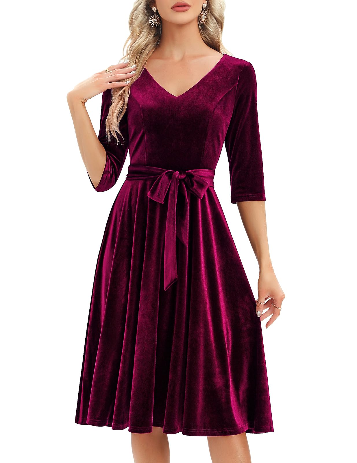 Bbonlinedress Women Long Sleeve Velvet Vintage Tea Dress Formal Cocktail Wedding Guest Midi Prom V-Neck Fit and Flare