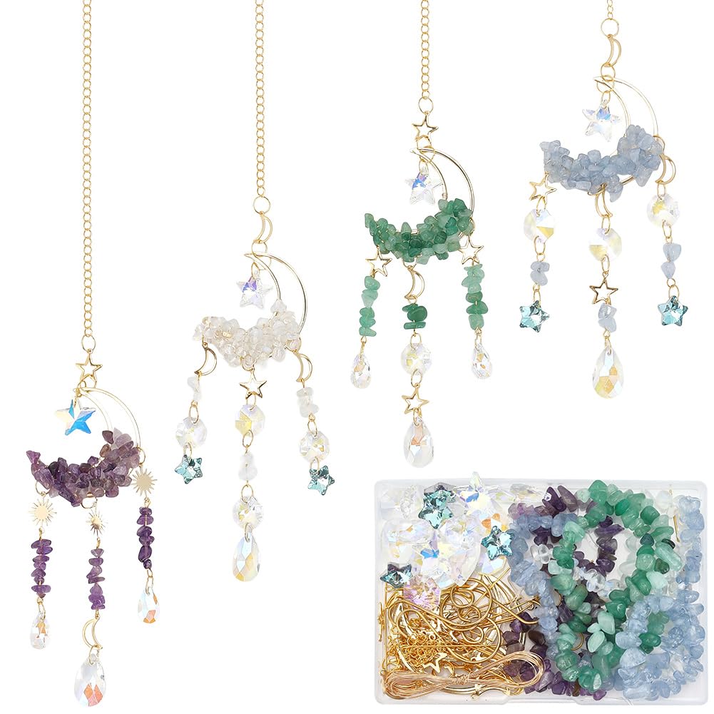 SUNNYCLUE 1 Box DIY 4 Sets Suncatcher Making Kits Sun Catchers Kit Moon Suncatchers Amethyst Kyanite Green Aventurine Opalite Chip Beads Hanging Sun Catcher for Windows Home Garden Party Wedding Decor