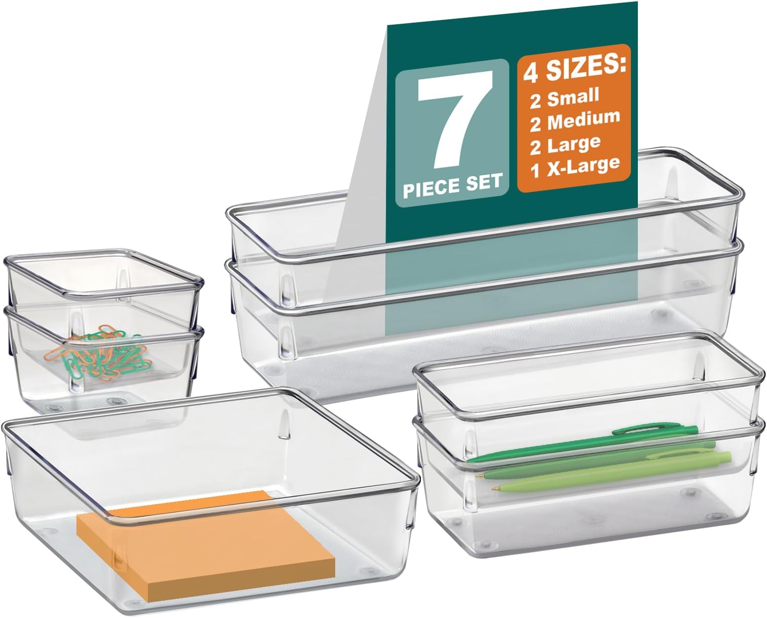 Acrimet Desk Drawer Organizer (Clear Crystal Plastic) (7 Pack - 4 Sizes)