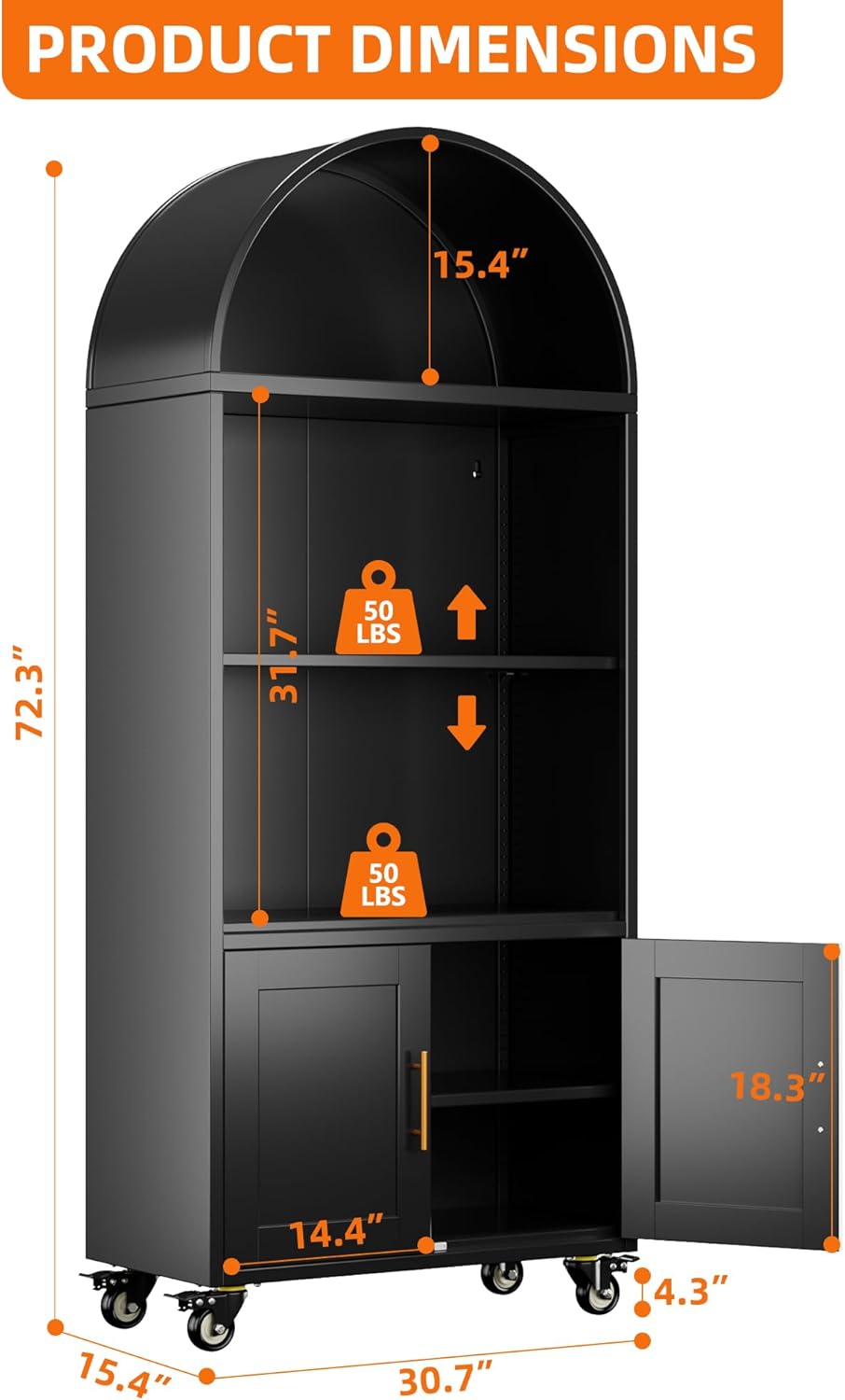 Metal Arched Bookcase with Wheels, Black Arched Bookshelf with 2 Adjustable Shelf for Home Office Living Room,Required Assembly