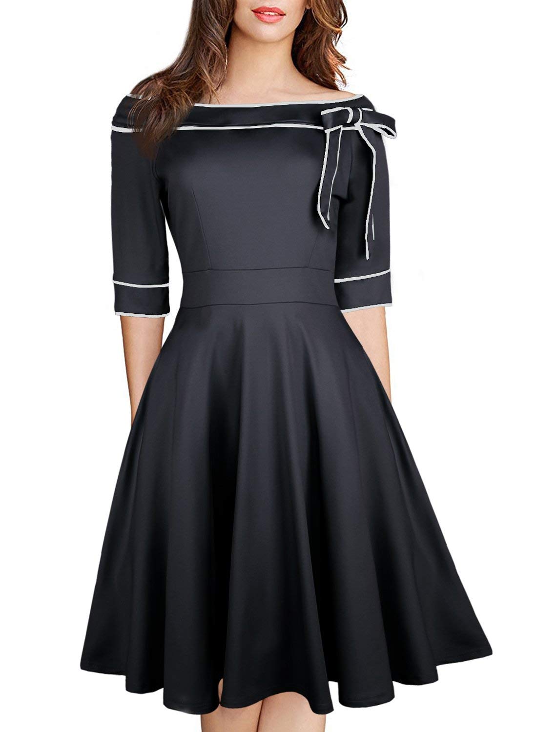 Women's Casual Off Shoulder Pocket Bowknot Rockabilly Swing Vintage Cocktail Party Dress 188 (S, Black)