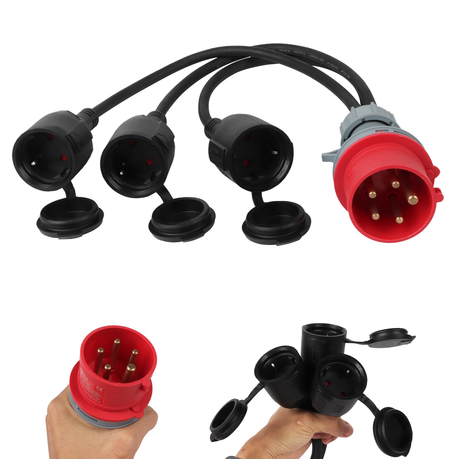Adaptateur CEE courant fort 16 A vers 3 x 230 V femelle 400 V, 3 x 2,5 mm², 5 broches, répartiteur de courant fort, pour camping, câble adaptateur CEE pour industrie, extérieur (noir)