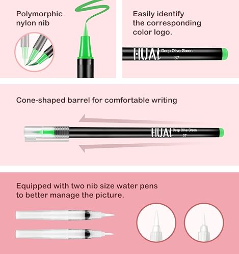 Miniatura 5 de Bolígrafos de acuarela de 24 colores con puntas de pincel reales, bolígrafos de acuarela para profesionales y principiantes, 2 pinceles de mezcla,