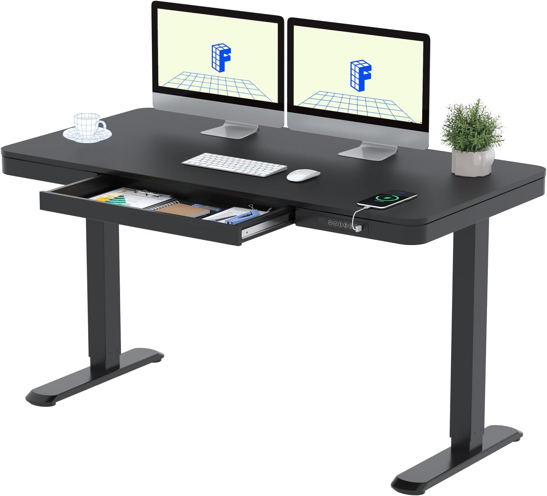 FLEXISPOT Q3 Standing Desk, Home Office Electric Height Adjustable Sit-Stand Desk with Drawer & Fast USB Chargers (Black, 140 x 70 cm)