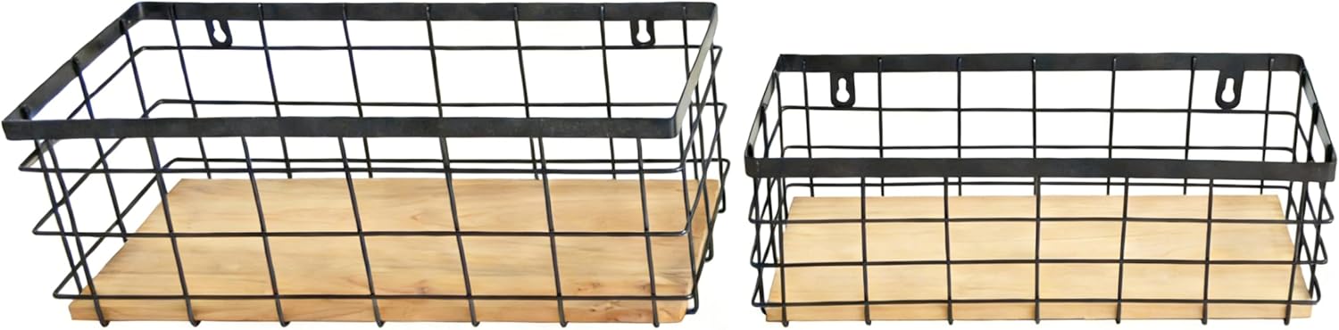 ShabbyDecor Metal Wire Basket Detachable Wood Base Storage Organizer Farmhouse Hanging Basket for Kitchen Cabinets, Bathroom, Pantry, Laundry Room Set of 2,Black Color