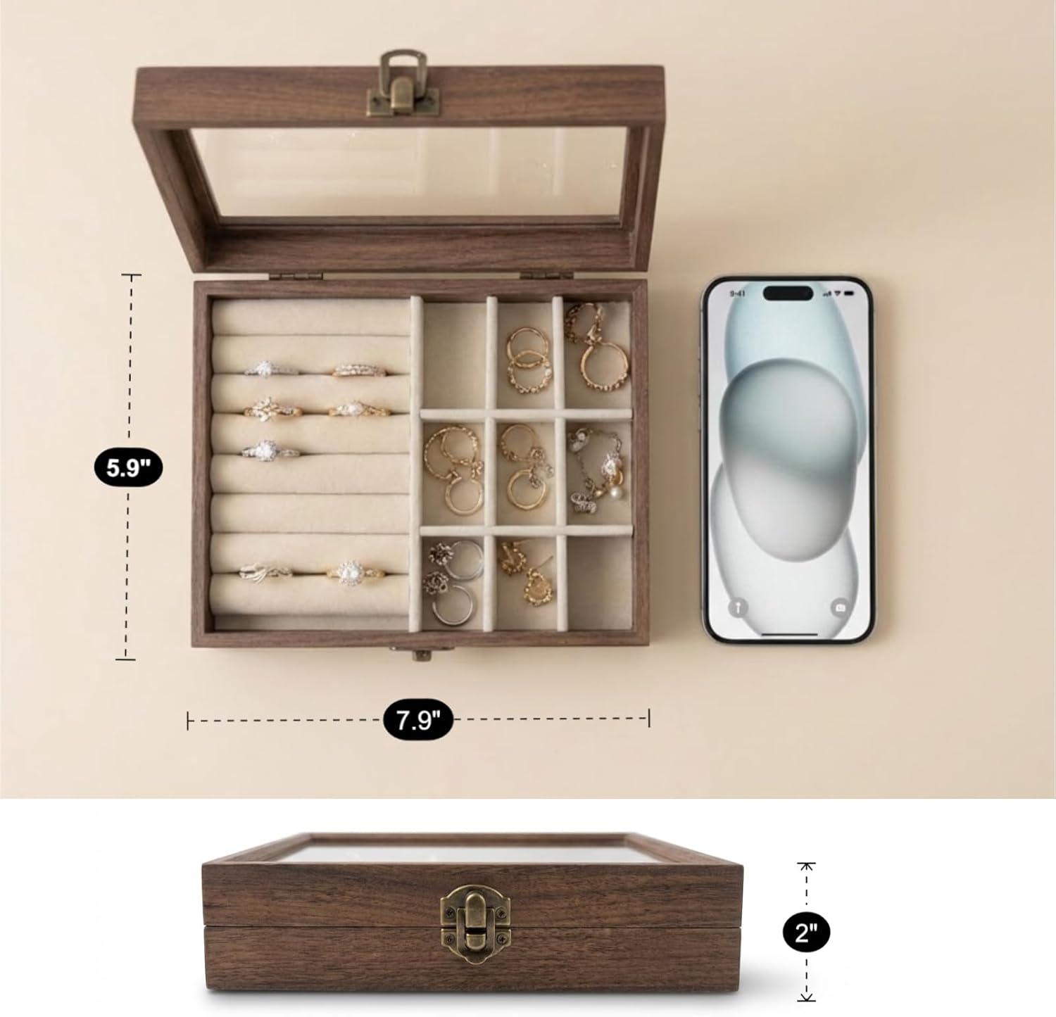 CT SUN Small Wooden Jewelry Organizer Box Case, Vintage Style Display Case with HD Glass Lid, Velvet Lining, for Women Rings Earrings Bracelets Brooches, Compact Size Jewelry Box for traveling - Image 3