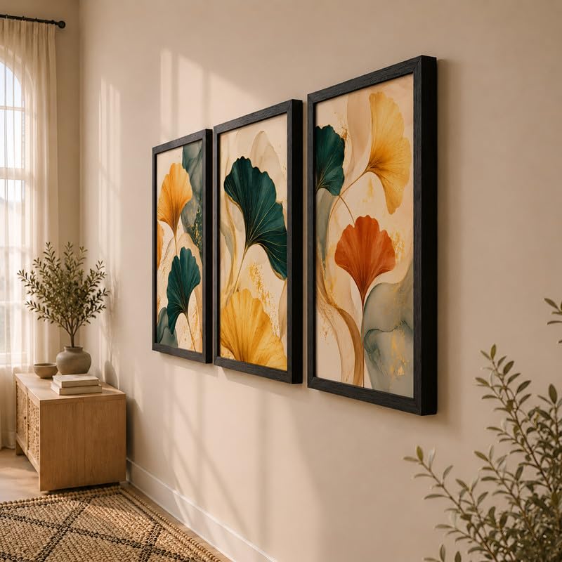 Image of NoWorries Abstract Ginkgo Leaf Wall Art Frames Set of 3 | Modern Botanical Look Paintings with Gold & Teal Leaves | Premium 300 GSM Prints in Synthetic Wooden Frames | Living Room, Bedroom, Office & Home Decor (BLACK, ART-16, 17X25INCHES)