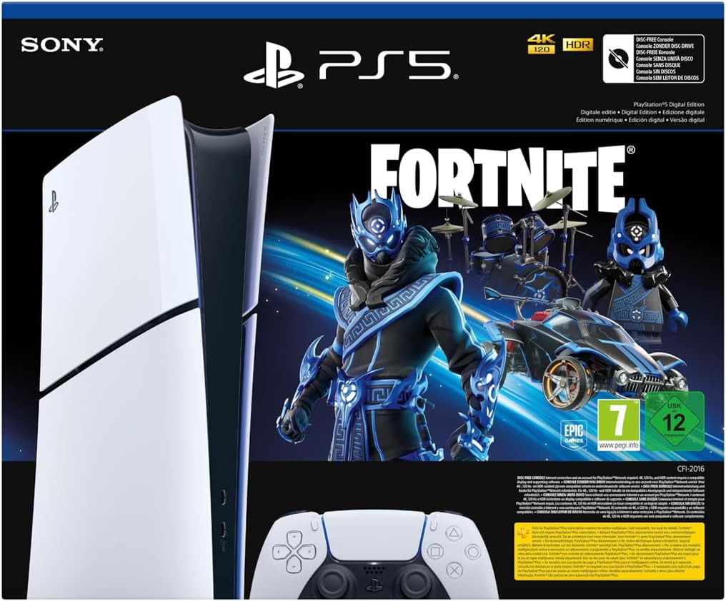 Playstation Sony, 5 Édition Numérique, Fortnite Cobalt Star, PS5 avec 1 Manette Sans Fil DualSense, Couleur : Blanche