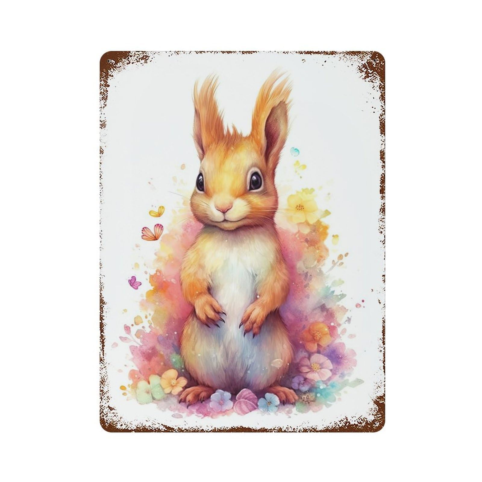 Rustic Tin Plaque Watercolor Squirrel Art 15.7"x11.8", Retro Wall Decor for Shed, Workshop And Garage Wall Decor