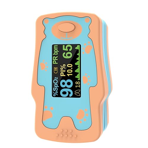 Oxímetro de pulso para niños, saturación de oxígeno en sangre SpO2 para niños, medidor de oxígeno portátil con pantalla OLED incluida, 2 pilas AAA