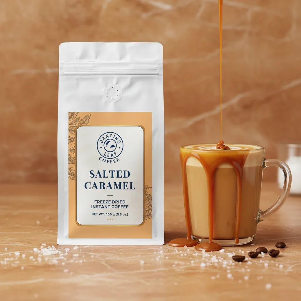 Dancing Leaf Salted Caramel Freeze Dried Instant Coffee 100% Arabica Sweet Salty Flavor Rich Aroma Quick Dissolve Instant Coffee Powder Gourmet Quality Easy Brew for Home Office Travel (100 Gram)-picture-30