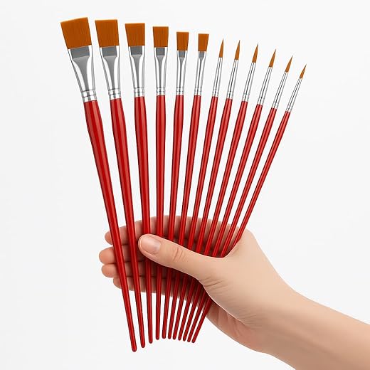 Kit com 12 Píncéis para Pintura Artesanato, Ponta Chata, Ponta Redonda, Ponta Fina - Aquarela, Desenho