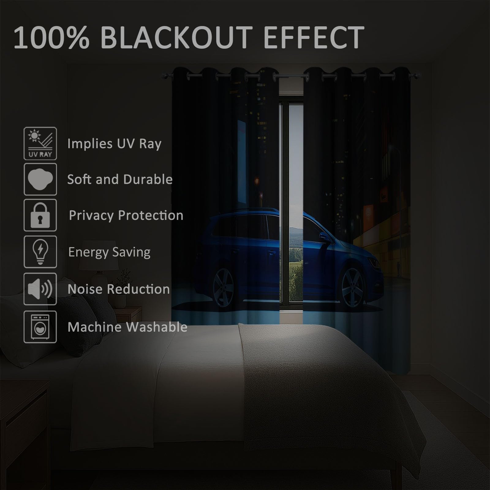 Genérico 140 x 260 cm, juego de 2 cortinas 100% opacas con aislamiento térmico para coche, moderno, coche, deportivo, tela suave e impermeable, doble cortina con ojales para dormitorio, sala de estar