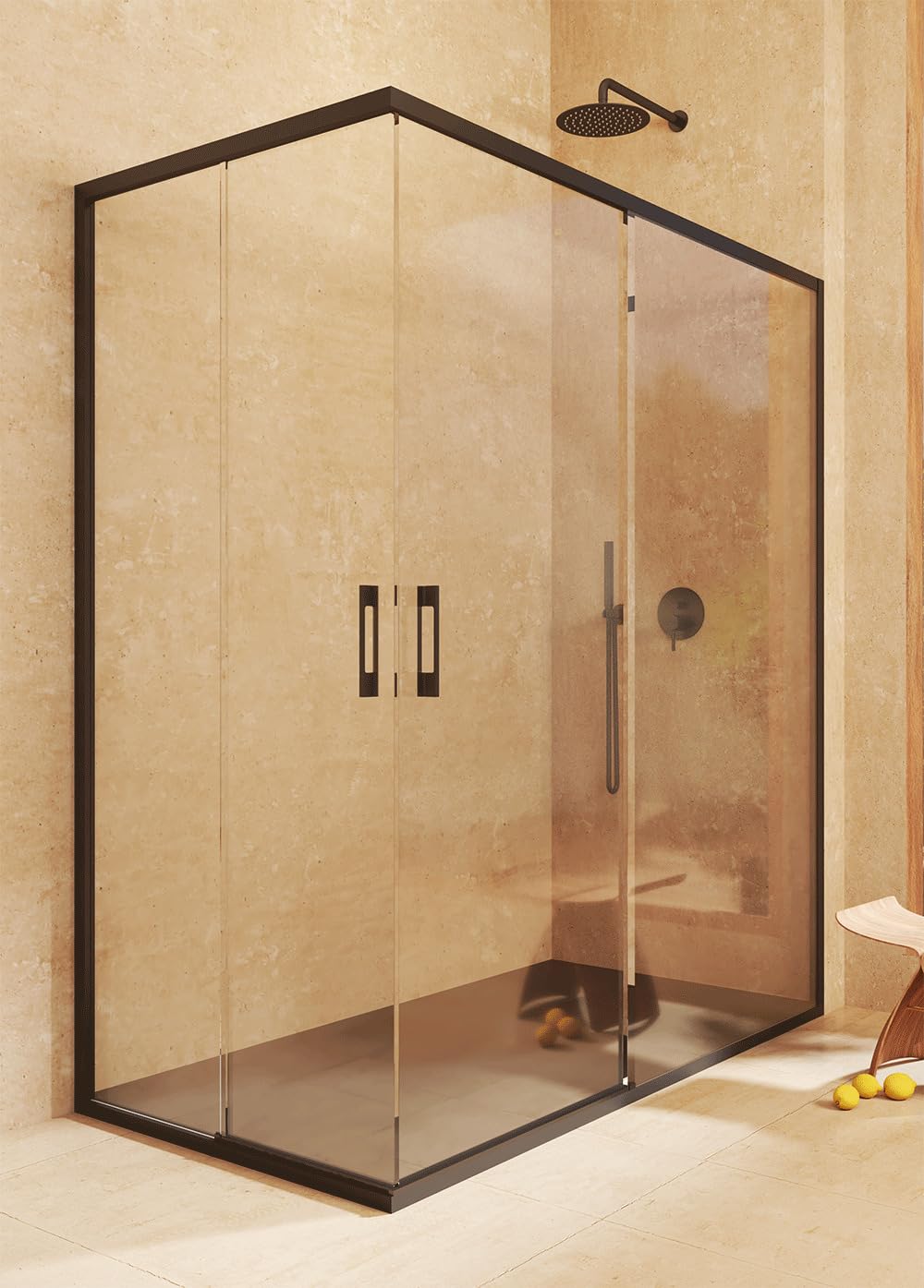 Mampara Rectangular REVERSIBLE 137,5-140 x 77,5-80cm - H= 195cm, Negro | Mampara Angular (corredera + fijo) + (corredera + fijo) , sin perfil inferior, Vidrio de seguridad 6mm tratamiento antical