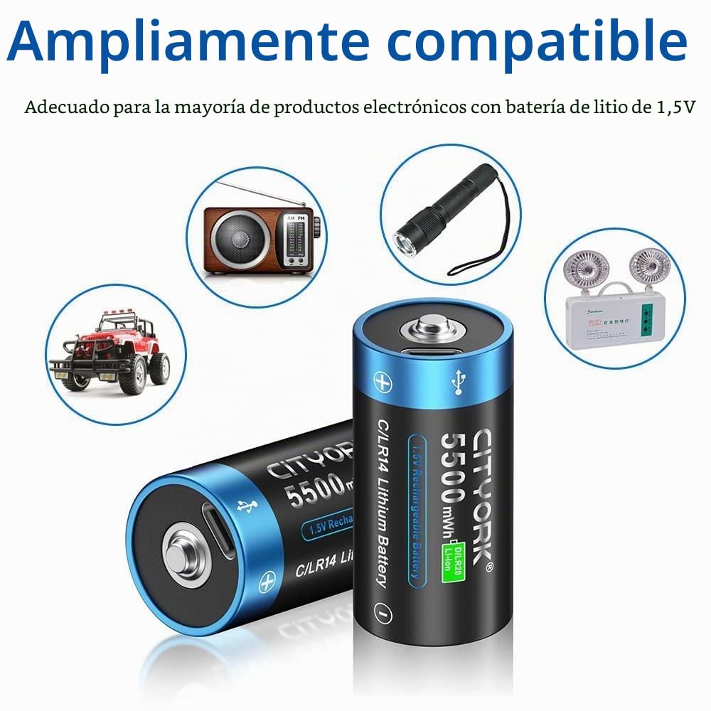 CITYORK Batería C Recargable USB de 1,5 V 5500 mWh (Paquete de 8), Baterías Baby C de Iones de Litio Recargables con USB-C, Carga Menos de 2 Horas, Más de 1000 Ciclos, con Cable de Carga Tipo C, Carga