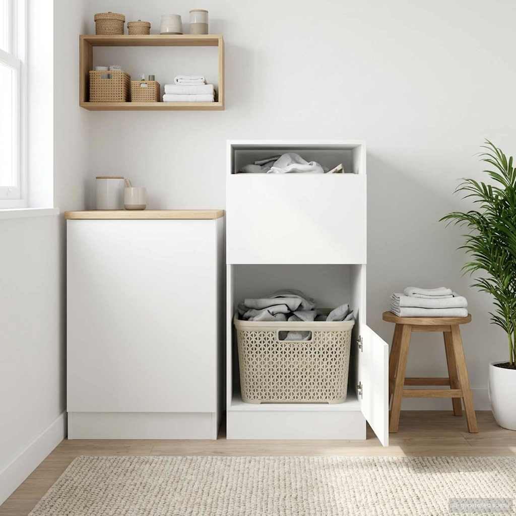 Mobile portabiancheria con vano portaoggetti, bianco, 50 x 68 x 102 cm, in legno con 2 ante e 4 scomparti, armadio multiuso per bagno, camera da letto, ufficio, soggiorno, cassettiera stabile