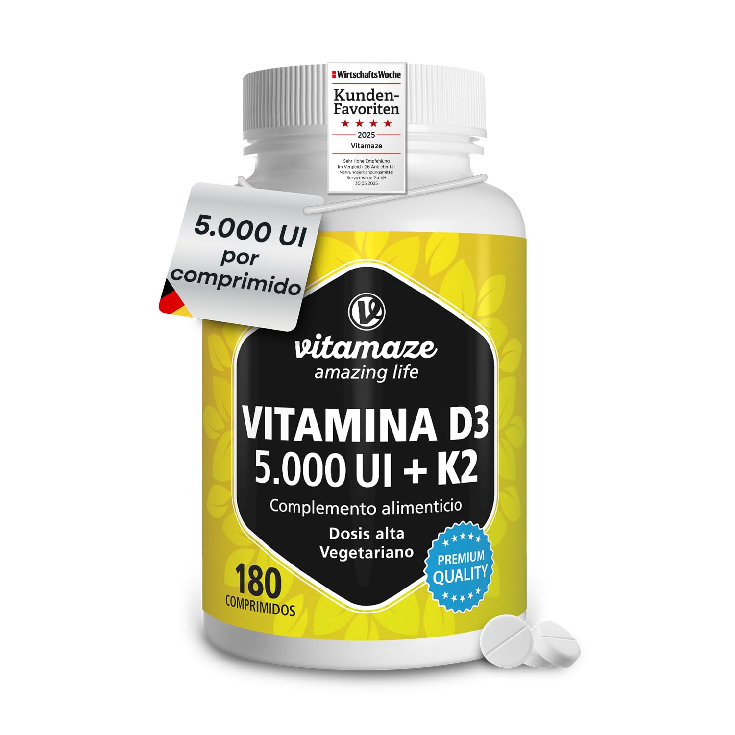 Vitamin D3 K2 5000 IE mit Vitamin K2 MK7 All Trans Form, 2+ Jahre Vorrat, 180 Tabletten