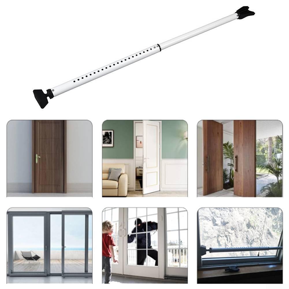 Barra de seguridad para puerta ajustable para uso doméstico y de viaje, tope de puerta corredera de patio de hierro y polipropileno, construcción de 74 a 114 cm, blanco y negro