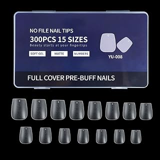 300PCS Extra Short Coffin All Matte Soft Gel Nail Tips 15 Sizes, Pre-Etched Full Cover Acrylic Press On Nails, Salon Grade False Nails for DIY Nail Extension Supplies
