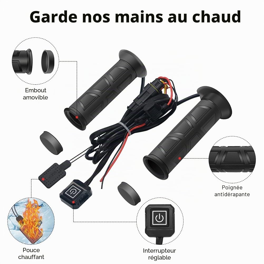 Poignées Chauffantes 12 V ATV - 3 Niveaux Réglables - Étanches - Régulation Intelligente de la Température - Pour l'Hiver
