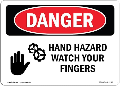OSHA - Letrero de peligro para las manos, mira tus dedos Calcomanía Protege tu negocio, sitio de construcción, almacén y área de tienda Fabricado