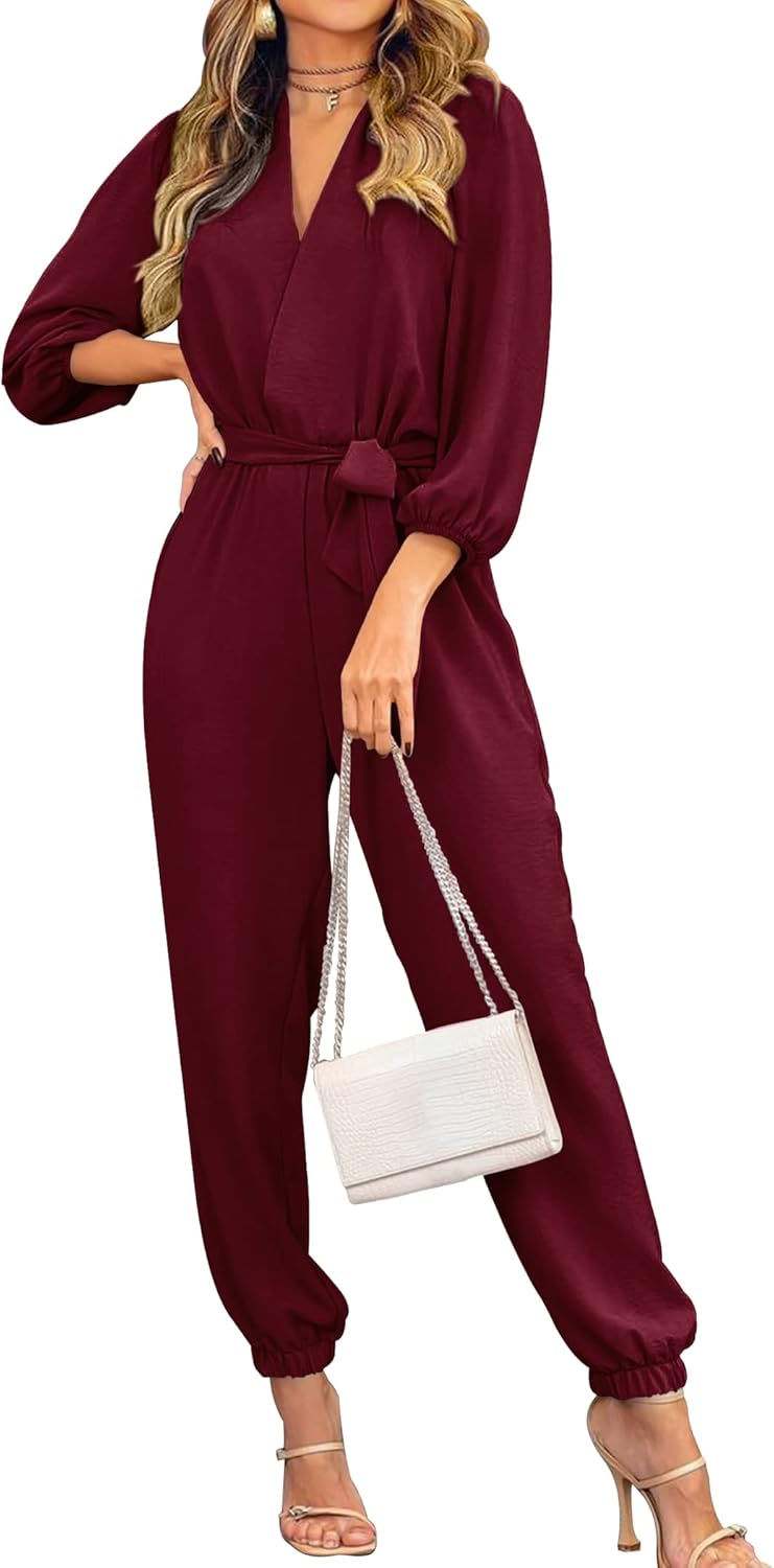PRETTYGARDEN Women's Fall Jumpsuits Dressy Casual Pants Romper Spring Long Sleeve V Neck Belt Pockets One Piece Outfits