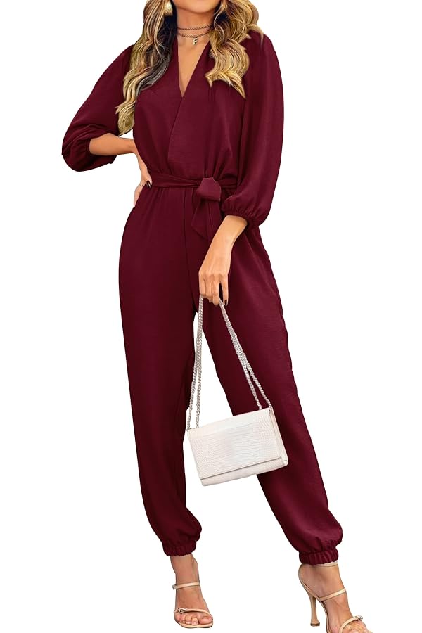 PRETTYGARDEN Long Sleeve Jumpsuits for Women Dressy Casual, Wine Red,S by PRETTYGARDEN - Used condition - US$22.27