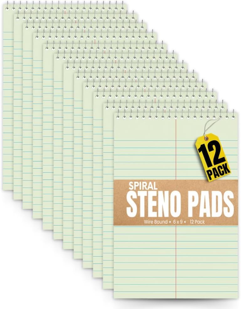 1InTheOffice Steno Pads 6x9, Steno Pads, Spiral Steno Pads, Gregg Rule, Green Tint, 6 x 9, 80 Sheets, 12 Pack