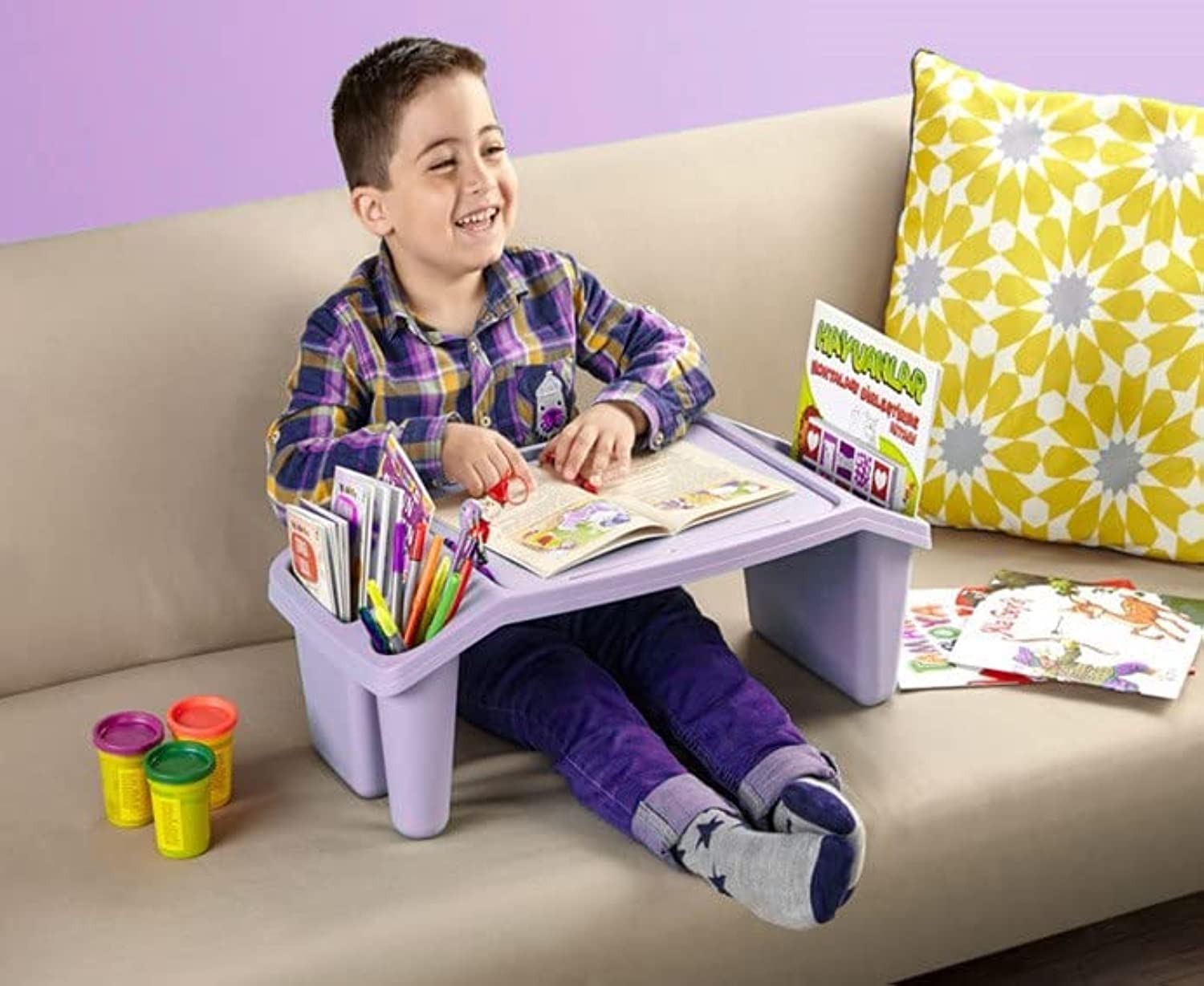 Rio Candy Hobby Desk Lap Tray Table With 3 Compartments Bed Tray Sofa Tray For Home Work, Portable Table with Side Pockets for Coloring Books, Tablets, Toys, Reading, Snacks, Plastic, Ivory, TD-6122