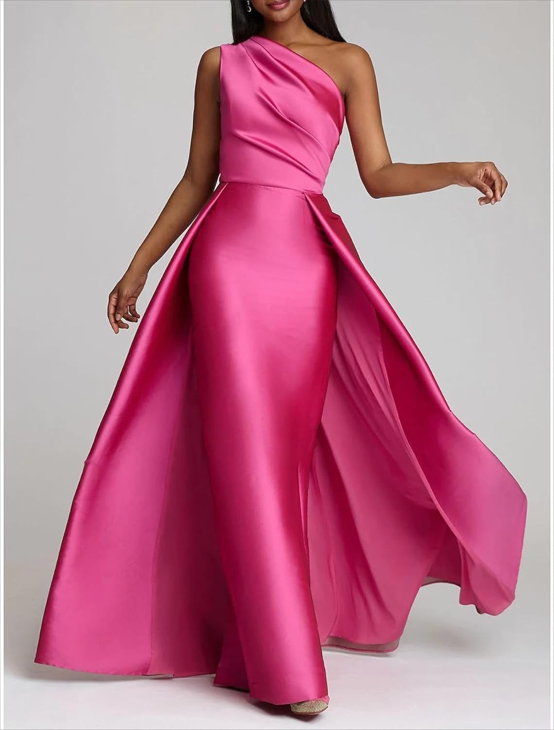 Women's One Shoulder Prom Dresses Long Satin Sleeveless Ruched Ball Gown 2024 Evening Dress with Overskirt