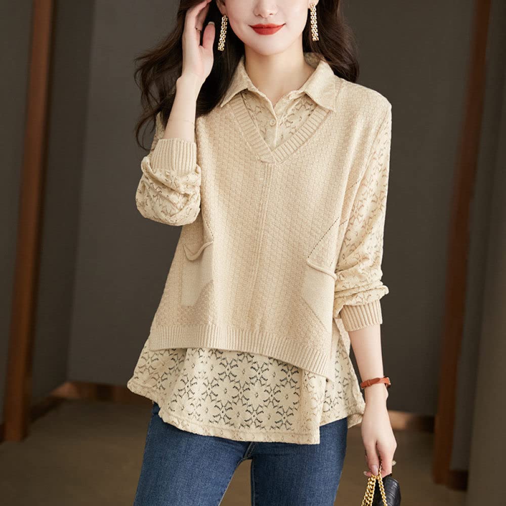 Chemise Femme Chic Et Élégant,Chemise Fausse Deux Pièces pour Femme Vintage Beige Revers Chemise en Dentelle Transparente Coutures Col en V Tricot À Manches Longues Décontracté Élégant Haut