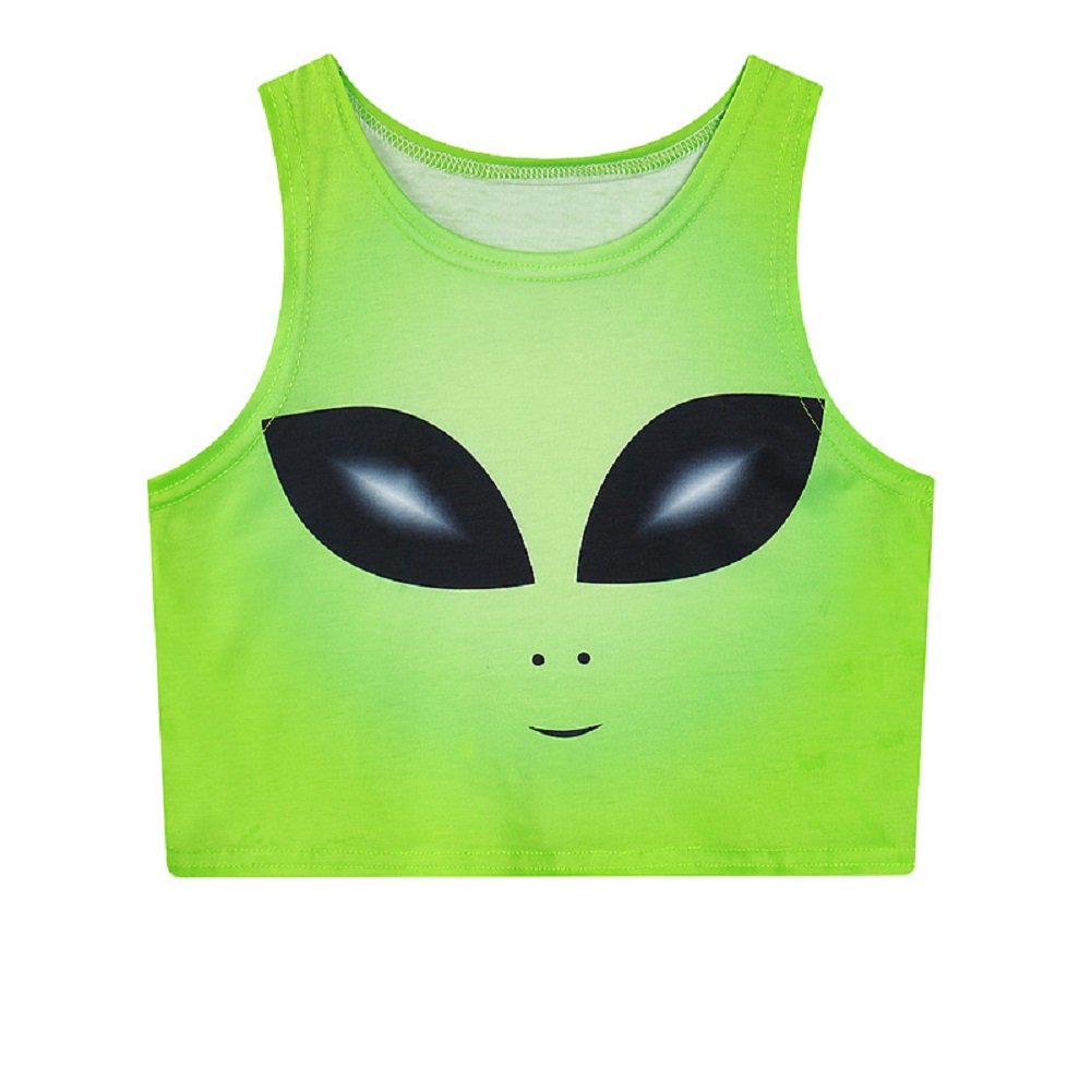Women's Lovely Green Alien Cropped Tank Top Slim Elastic Dance Camis (Alien Sleeveless Crop Top, (Bust-27.5 inch,Length-14.5 inch))