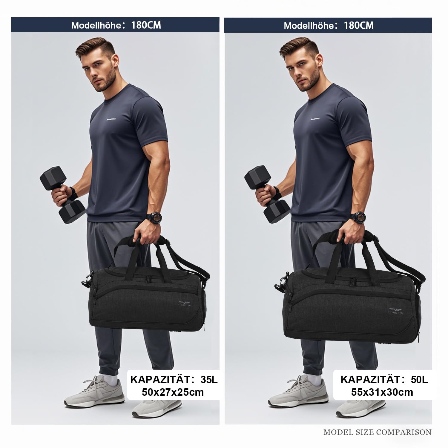 FIORETTO 35L Sporttasche & Reisetasche für Damen und Herren, mit Schuhfach & Nassfach, Wasserdicht Tasche für Trainingstasche, Gym, Travel, Schwimmen, Sauna, fußball Schwarz