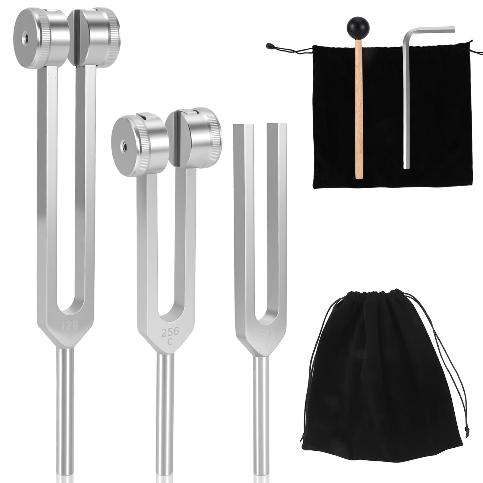 Diapasones para sanación, juego de tenedores de sintonización con martillo reflejo para curación, chakras, terapia de sonido, yoga, diapasón y martillo, juego de 128 256 y 512 Hz