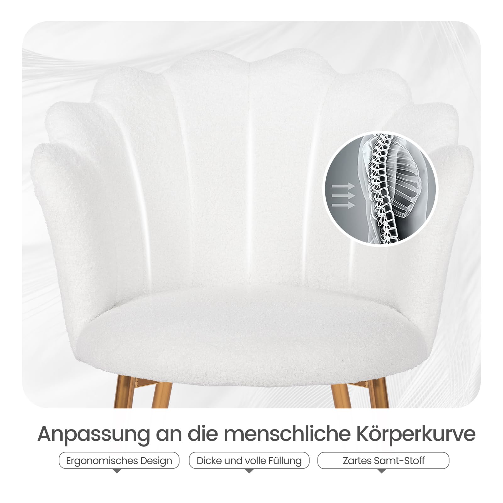 Chaise de Coiffeuse, Fauteuil en Tissu Bouclé avec Pieds Métalliques Dorés, Chaise Rembourrée pour Salon, Fauteuil Lounge Confortable, 62 x 56 x 79cm, Blanc