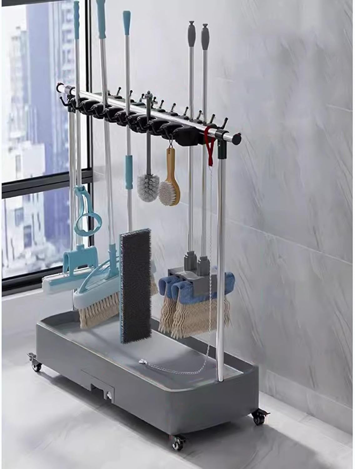 Broom Holder Organizer Movable, Mop Rack Floor Standing Cleaning Tool Organizers, Housekeeping Station Storage Tools for Companies Restaurant Hospitals Property ( Color : Gray1 , Size : 20 slots/24 ho