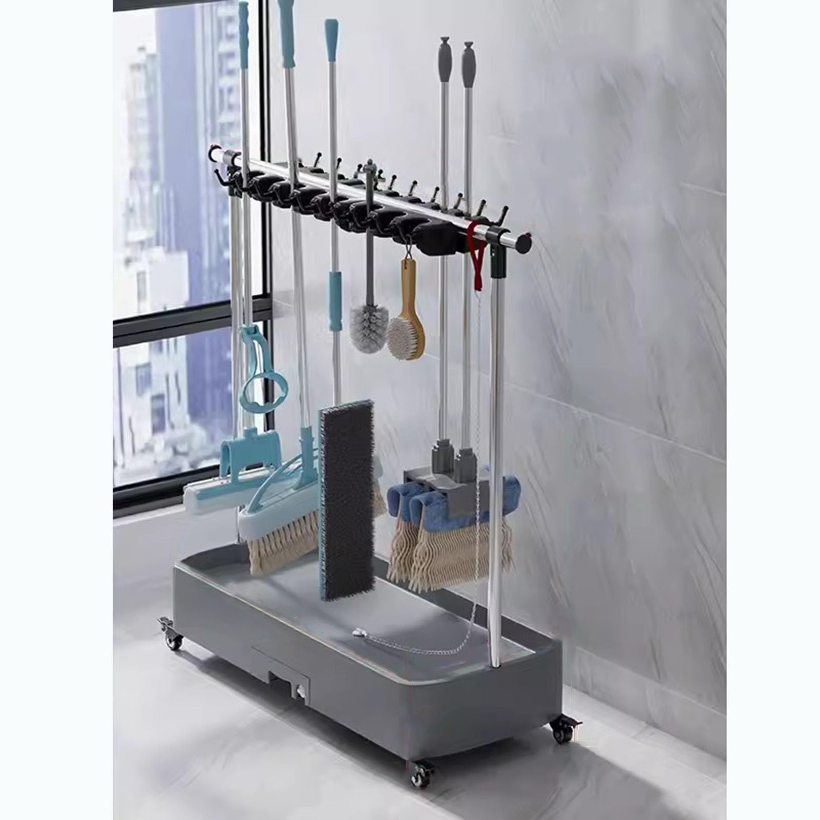 Broom Holder Organizer Movable, Mop Rack Floor Standing Cleaning Tool Organizers, Housekeeping Station Storage Tools for Companies Restaurant Hospitals Property ( Color : Gray1 , Size : 20 slots/24 ho