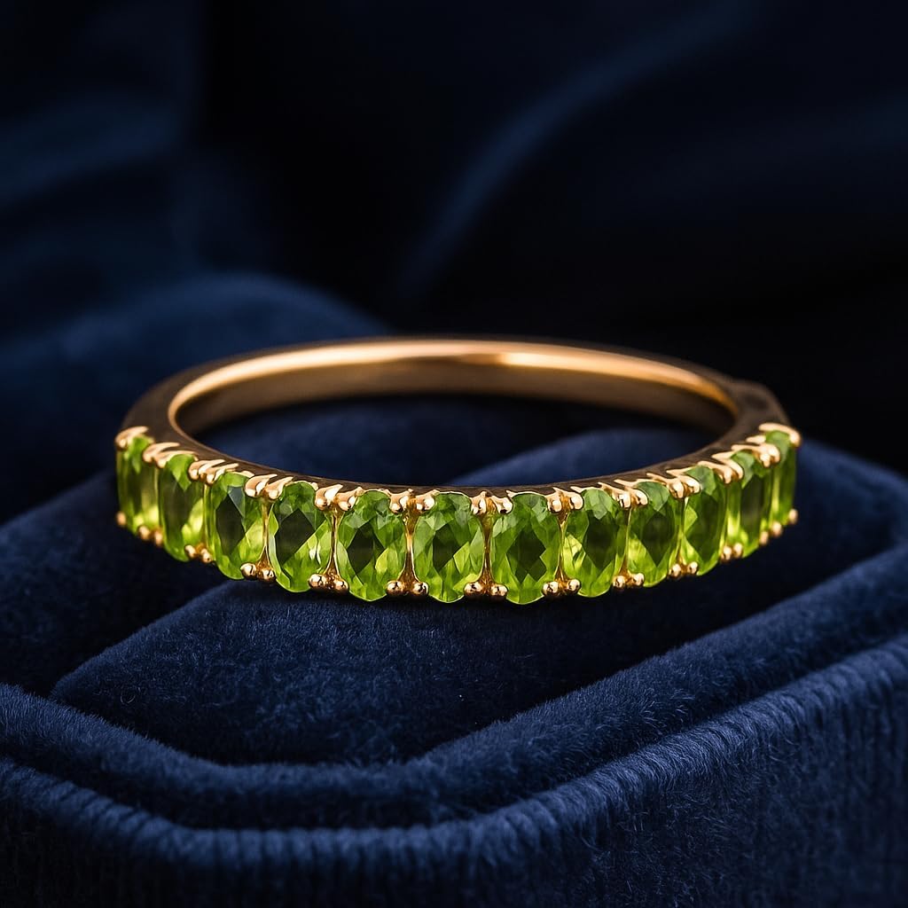 Oval Cut Peridot Half Eternity Wedding Band for Women 14K Yellow Gold Stacking Ring August Birthstone Promise & Proposal Jewelry Gift