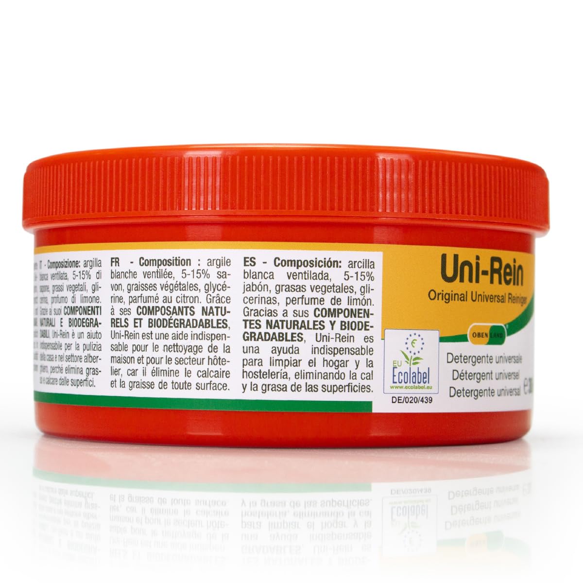 Obenland Uni-Rein Detergente solido per la pulizia ecologica - Pulitore universale per tutte le superfici in cucina, bagno, WC e rubinetti, finestre, sneakers. 3 barattoli da 300g, con 3 spugne