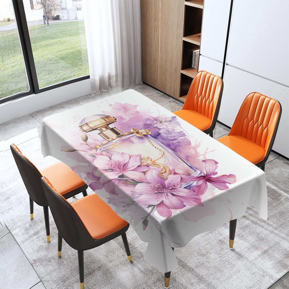 Flowers and Perfume Tablecloth Table Covers Watercolor Purple Floral Modern Rectangle Tables Cloth Washable Polyester Table Cloth for Outdoor and Indoor Use 55Wx86L Inch