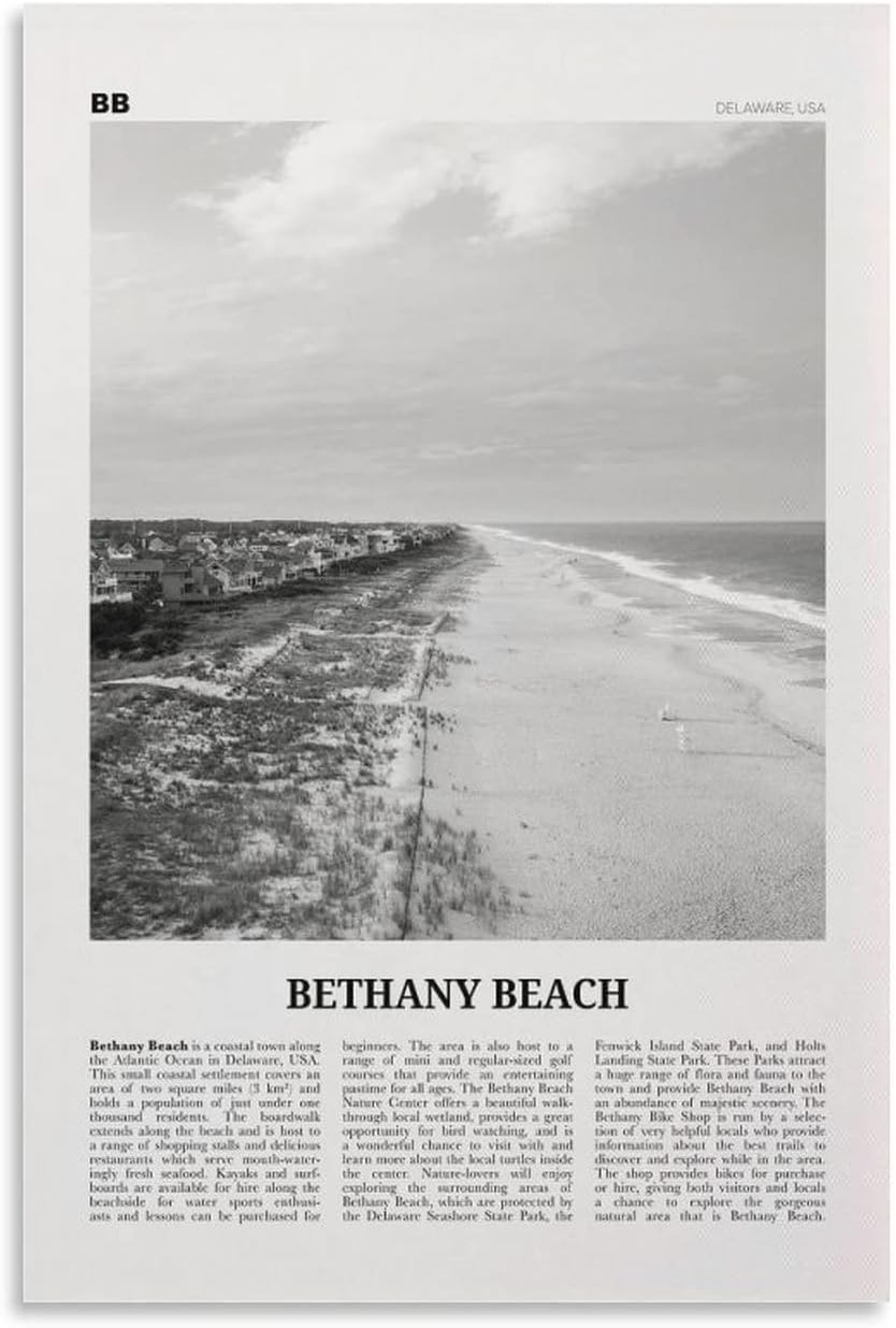 Bethany Beach Print Black And White, Bethany Beach Wall Art, Bethany Beach Poster, Bethany Beach Pho Art Wall Decoration Poster Family Bar Restaurant Garage Cafe Art Sign Gift 12x18inch(30x45cm)