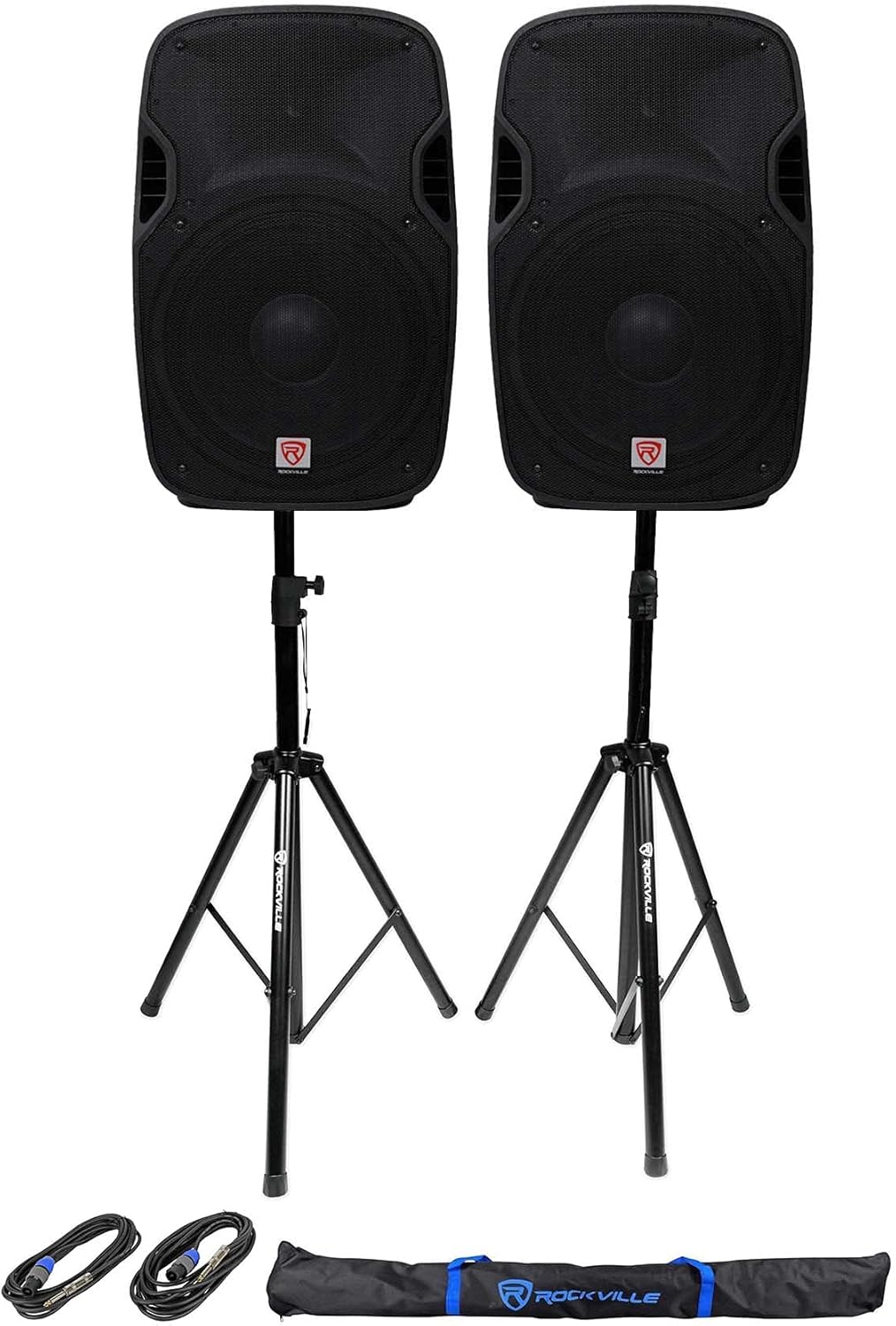 Rockville SPGN154 Bundle: (2) 15" Passive 1600W DJ PA Speakers, 400W RMS, 4 Ohm, Twist-Lock Speakon Input, (1) Pair Tripod Stands, (2) 20ft 1/4"-Speakon Cables, 5-Items